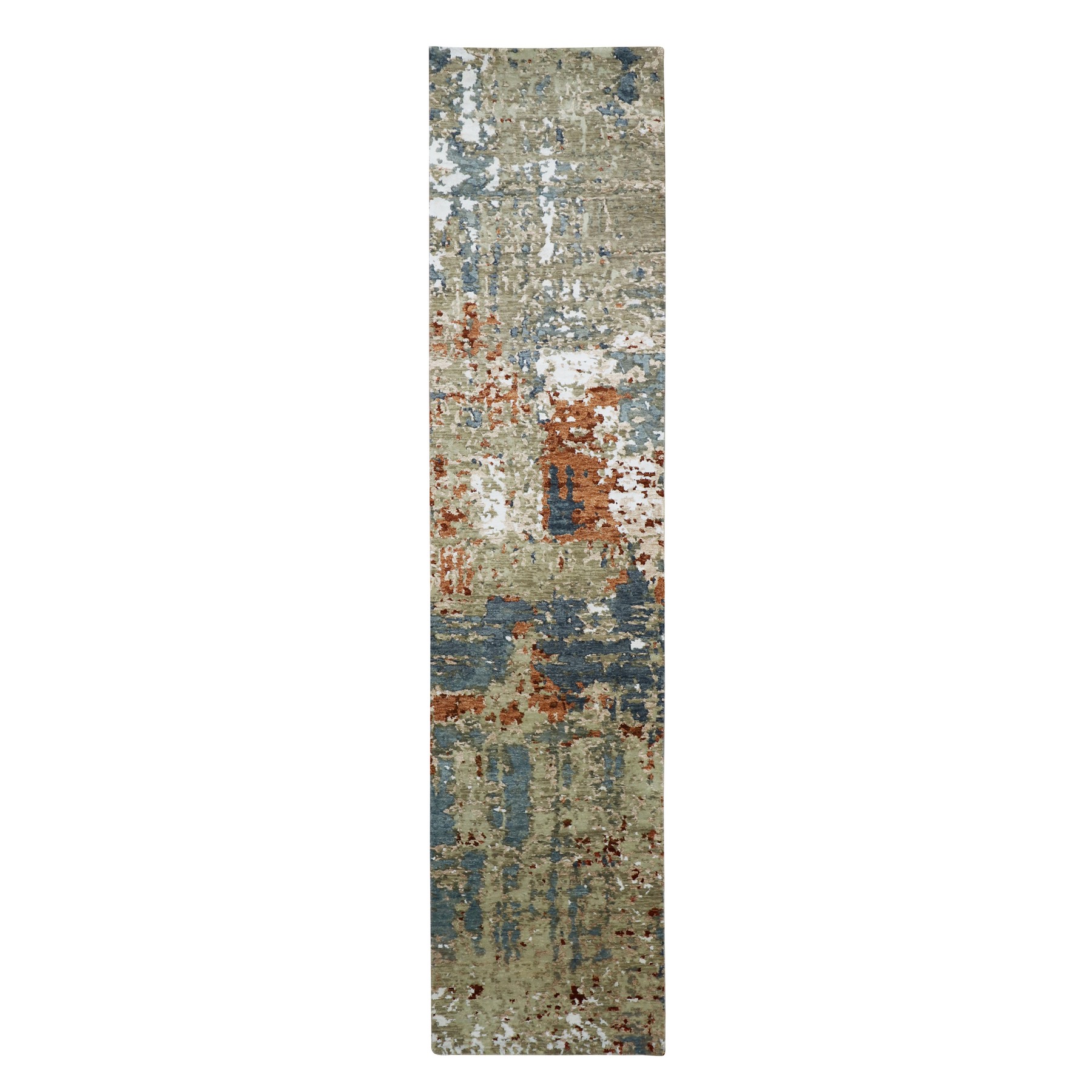 Sage Green with Rust, Persian Knot, Abstract with Galaxy Design, 100% Wool, Hand Knotted, Densely Woven, Narrow Runner, Oriental Rug